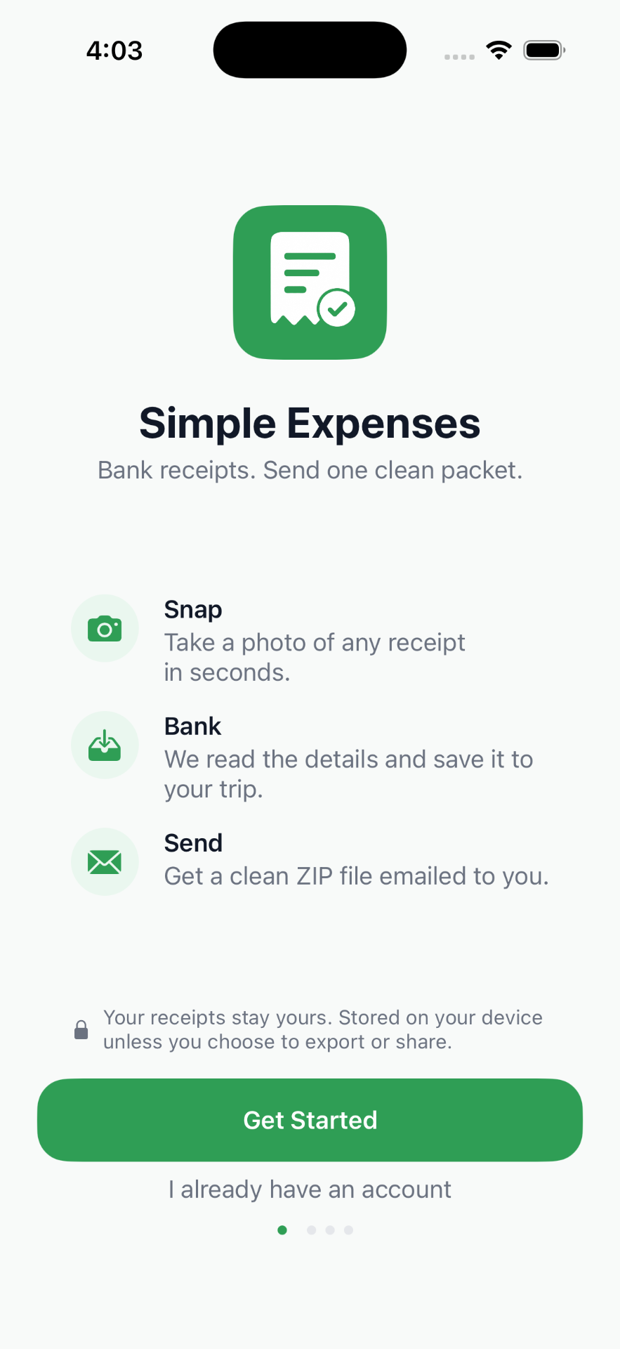 Simple Expenses onboarding welcome screen